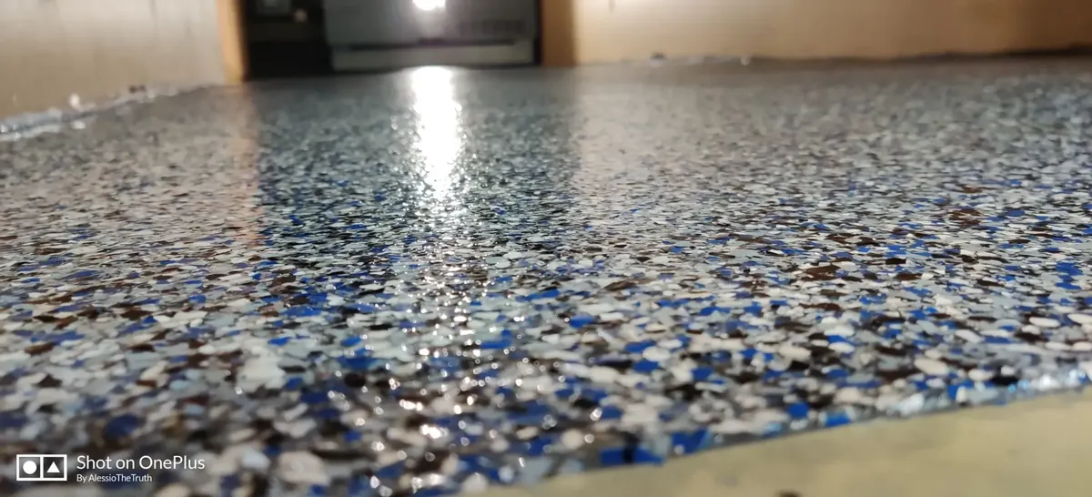 Blue flake garage floor closeup NJ
