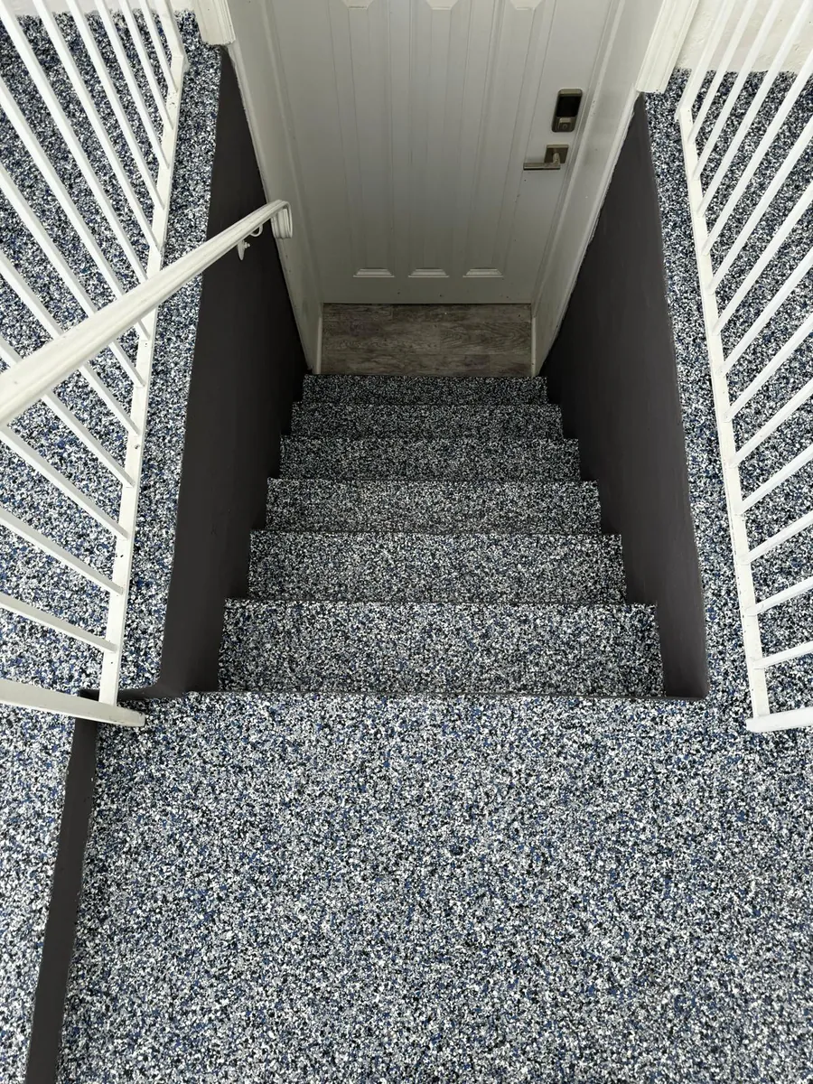 Garage floor flake coating with staircase NJ