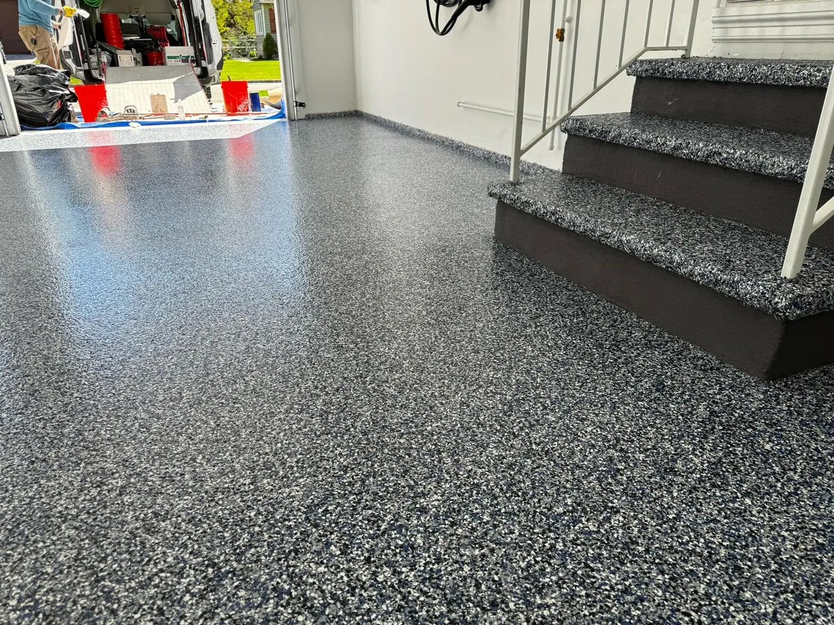 Garage floor flake coating with steps NJ