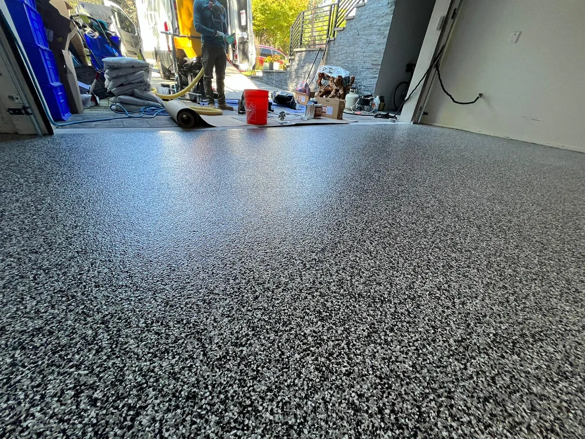 Polyaspartic flake floor closeup texture NJ