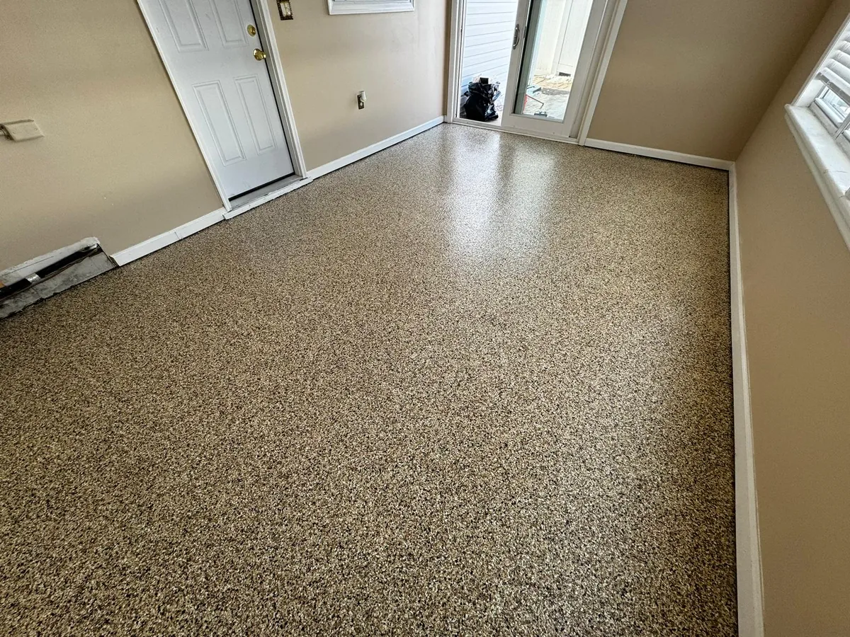 Tan flake polyaspartic garage floor NJ