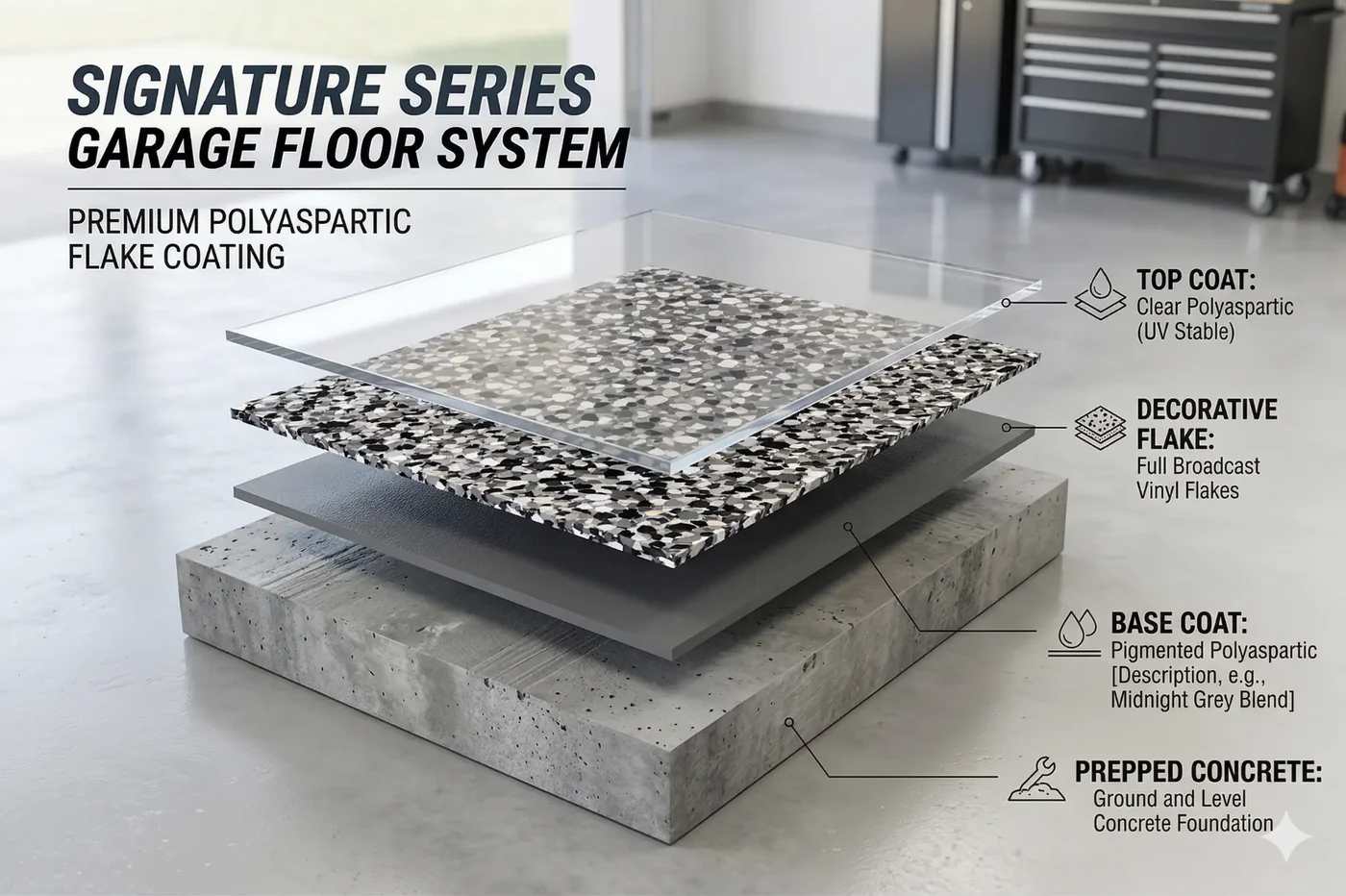 Signature Polyaspartic System — 5-layer garage floor coating diagram NJ